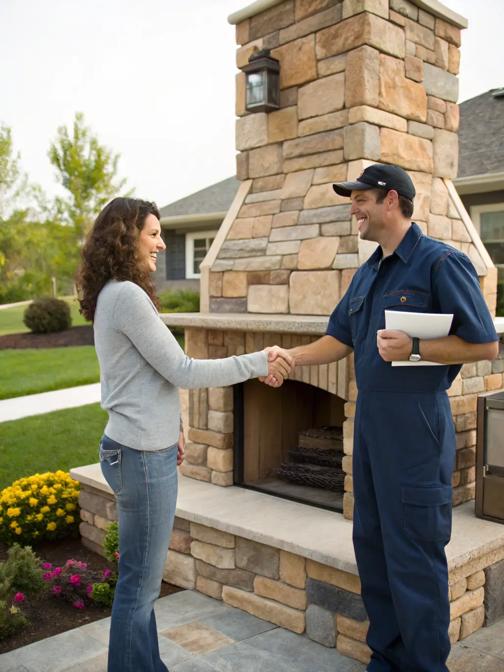 A happy homeowner shaking hands with a GRB Design representative in front of their newly renovated home.