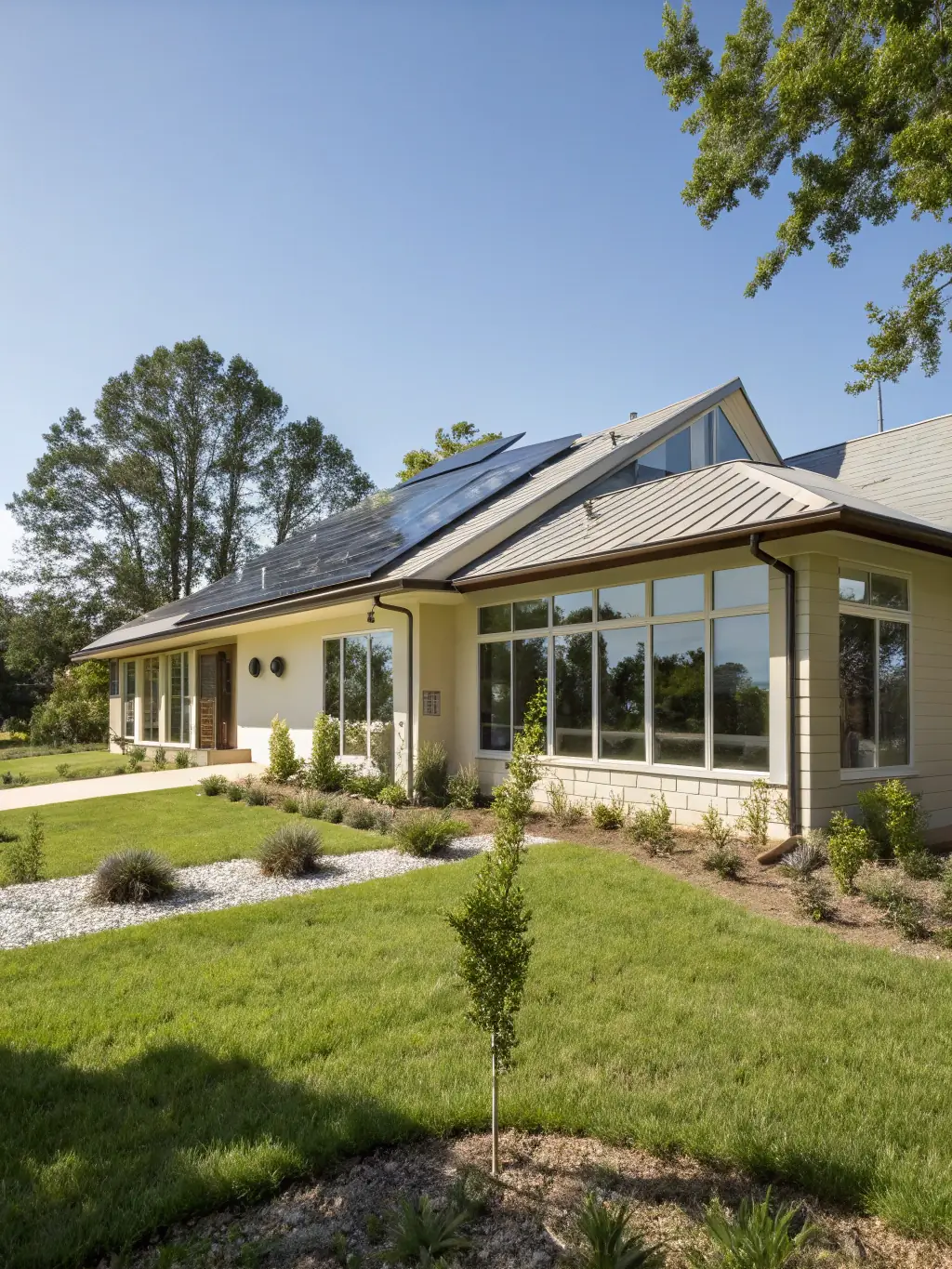 A high-resolution photograph showcasing the exterior of a newly constructed modern home by GRB Design, emphasizing clean lines and architectural details.