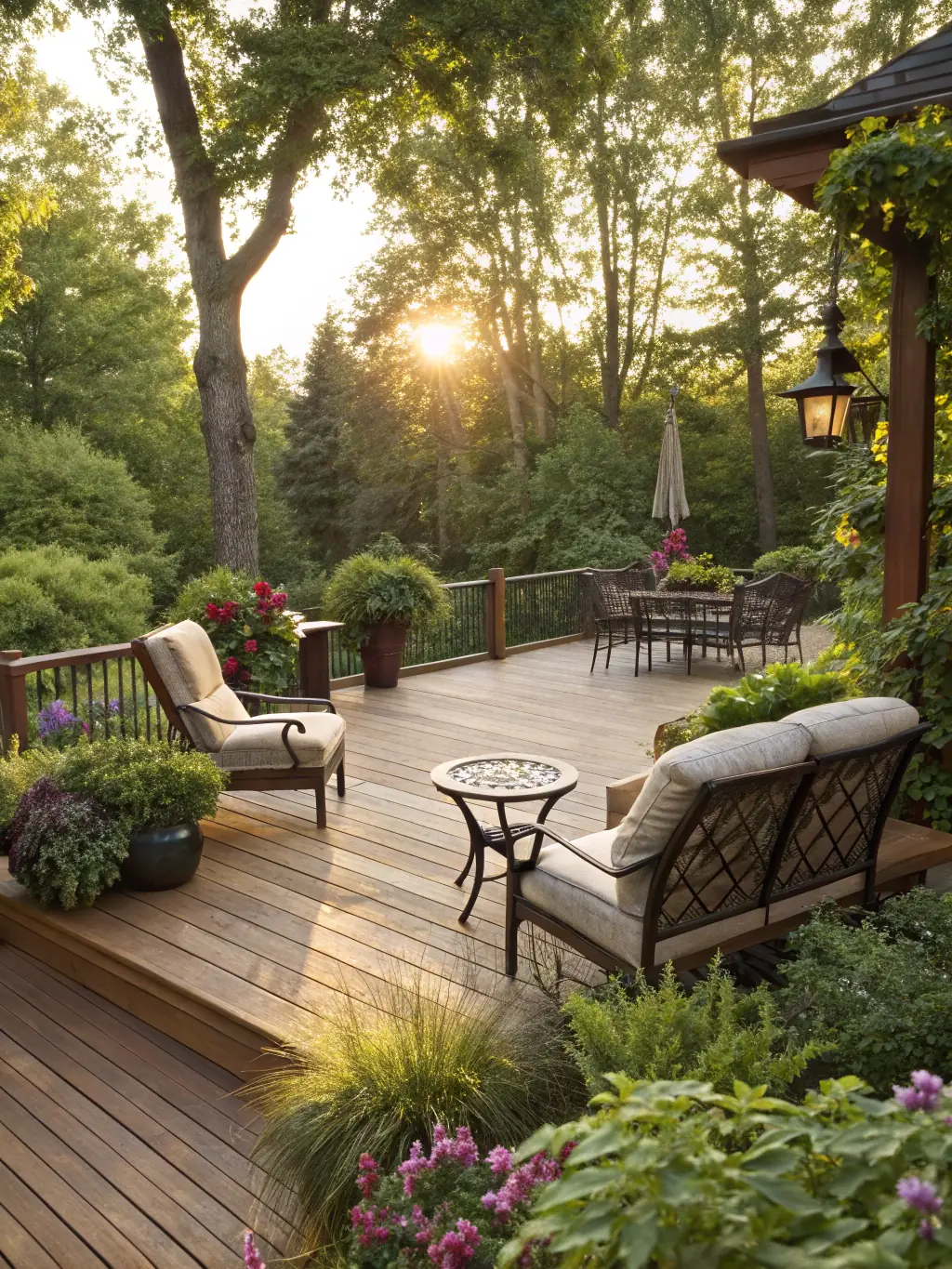 An image of a custom-designed outdoor deck, featuring comfortable seating, ambient lighting, and a stunning view, all expertly installed by GRB Design.