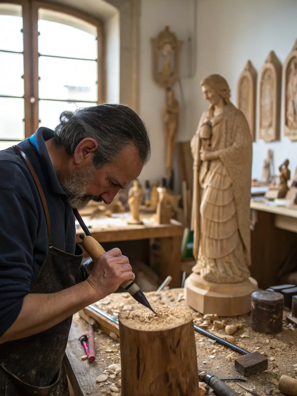 A close-up shot of a craftsman meticulously working on a detailed woodworking element in a home.