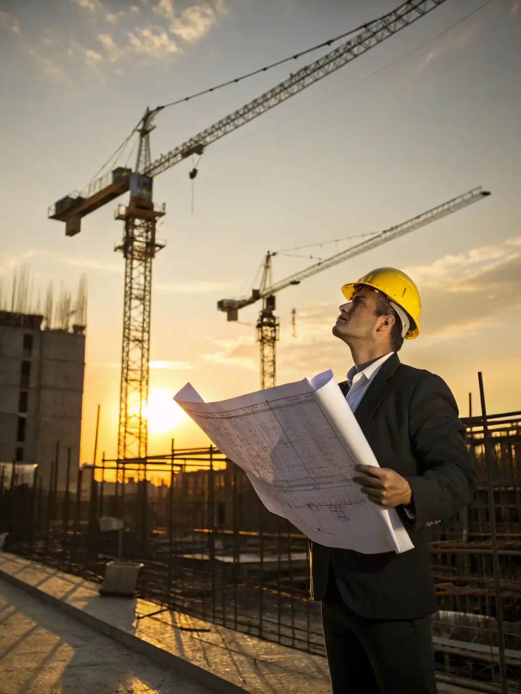 A photo of a construction project manager reviewing blueprints on-site, smiling confidently.
